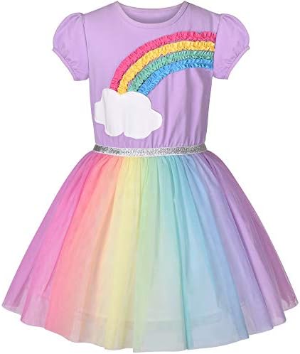 Girls Dress Purple Short Sleeve Rainbow Tulle Skirt Birthday Party Size 7