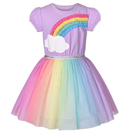 Mädchen Kleid Lila Kurzarm Regenbogen Tüll Rock Geburtstagsfeier Gr. 122