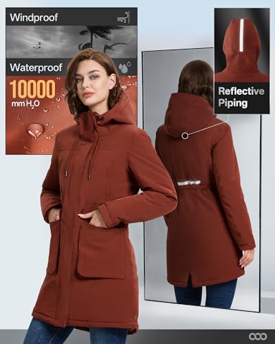 33,000ft Damen Wintermantel Lange Warme Winterjacke Wasserdichte Winddichte Parka Regenjacke Verdickene Funktionsjacke Mit Kapuze Übergangsjacke Outdoorjacke, Kirschrot L