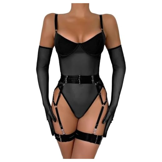 Lencería de liga de regalo para el día de San Valentín para mujer, lencería sexy transparente a juego, conjunto de lencería de 4 piezas, Negro, M