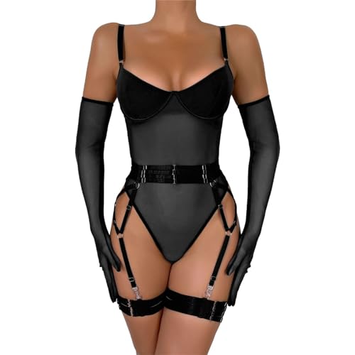 Lingerie érotique blanche : ensemble de body en dentelle 4 pièces