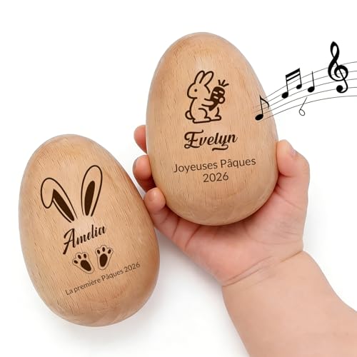 QSZ Œuf de Pâques Musical Personnalisé 2026 Personnalisable avec Nom œufs Pâques Bois Personnalisés Cadeau Pâques Garniture pour Panier Décoration (Œufs de Pâques personnalisés)