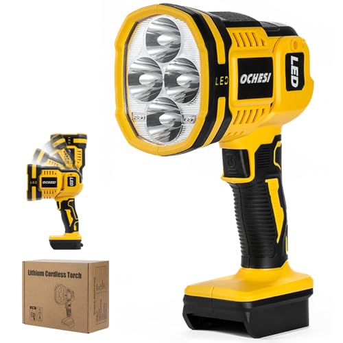 Cordless LED work light compatible with De-walt 20V Battery 1500LM Handheld Spotlight with 550 Yard Distance Flashing mode and Pivoting Head for Workshop Camping Jobsites (Battery Not Included)