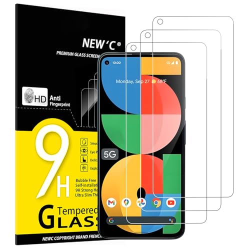 NEW'C 3 Piezas, Protector Pantalla para Google Pixel 5a 5G, Cristal templado Antiarañazos, Antihuellas, Sin Burbujas, Dureza 9H, 0.33 mm Ultra Transparente, Ultra Resistente