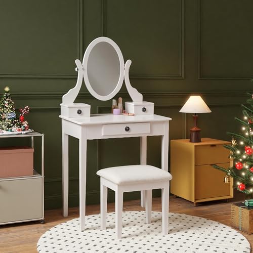 Roundhill Furniture Moniya White Wood Vanity Table and Stool Set (3415WH) Medium - Thumbnail 6