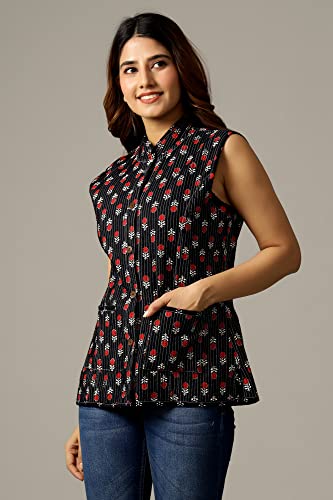 Image of Ravaiyaa - Attitude is everything Women's Floral Printed Reversible Quilted Jacket Coat Blazer Jacket Sleeve Less Waistcoat