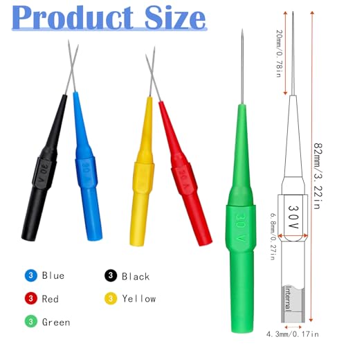 Image of 15 Pcs Colorful Test Probe Pins 0.7mm Non-Destructive Insulation Wire Piercing Needle Insulation Back Probes Multimeter Test Probe for Banana Socket Tester