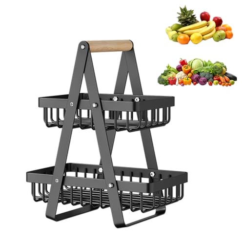 2 Tier Fruit Basket Vegetable Rack Bread Basket Detachable Mesh Fruit Baskets With Wooden Handle Vegetable Storage Rack For Kitchens Home Office Vegetables Onion Banana Potato Snack Basket(Black)