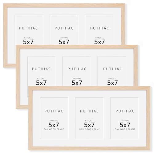 9x18 Oak Wood Picture Frame - 9x18 Photo Frame with Mat Display 3Pcs 5x7 Photos, 5x7 Picture Frame Wood, Natural Solid Wooden Picture Frames for Wall Art Photo and Prints(3 Pack, Beige)