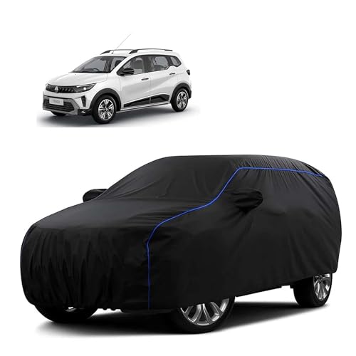 Image of Sulfar 100% Water Resistant Car Body Cover Compatible with Mirror for Renault Triber (Triple Stitched, Full Bottom Elastic, Black Tafetta with Blue Piping)