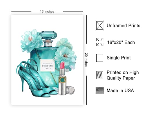 Image of Poster Master Turquoise Blue Designer Print - Fashion Poster - Shoes, Lipstick & Perfume Art - Chic Gift for Women & Fashionista - Glam Decor for Bedroom or Girl's Room - 16x20 UNFRAMED Wall Art