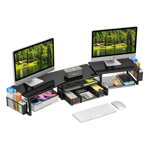 Simple Trending Dual Monitor Stand Riser with Drawer and 2 Pen Holders Desk Organizer with Storage Black