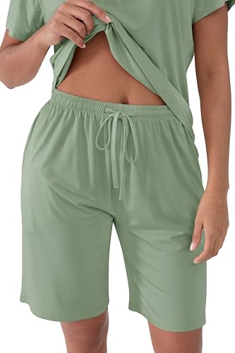 Image of Joyaria Cooling Pajamas Bamboo Viscose PJs Bermuda Shorts Set Women Henley Neck Summer Moisture Wicking Sleepwear