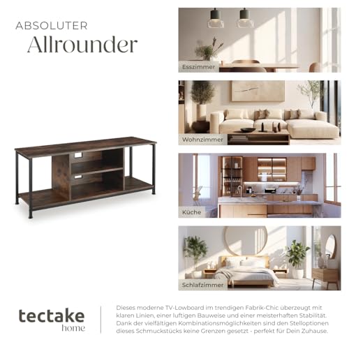 tectake® Industrial Lowboard, TV Ständer Regal, Kommode mit 4 offenen Fächern, 110/120 x 40 x 50,5 cm, Fernsehtisch, TV Board, Wohnzimmer Möbel, Sideboard - 120 cm, Industrial Holz dunkel, rustikal