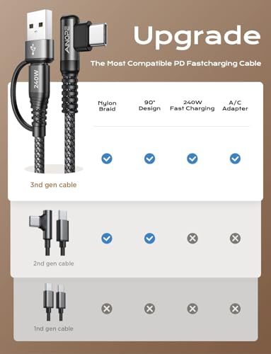 Image of AINOPE 240W Long USB C Cable Multi 4 in 1 Charging Cable Fast Charging C Type Charger Fast Charge USB to USB C,Right Angle Fit iPhone 17 16 15 Pro Max iPad Samsung 10FT Black