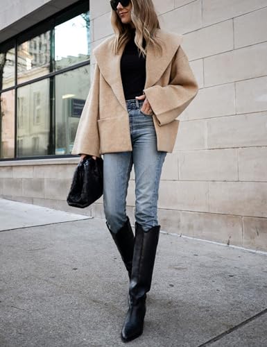 Hooever Women's Cropped Pea Coats Oversized Sweater Cardigan Lapel Open Front Fall Winter Shawl Collar Knit Sweater2