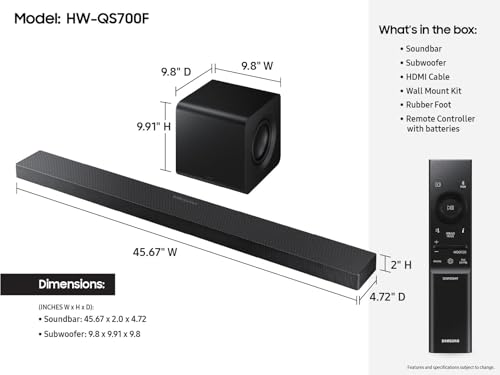 Image of Samsung Q-Series Soundbar HW-QS700F 3.1.2 ch Subwoofer (2025 Model) Convertible Fit, Wireless Dolby Atmos, Q-Symphony