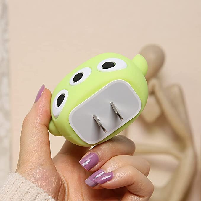 Image of Cartoon 3D Design Protective Case for 18W 20W iPhone 14 13 12 11 Pro Max Fast Charging Cable Adapter Charger, Cute Cartoon Lightning Data Cable Case for iPhone Charger Alien