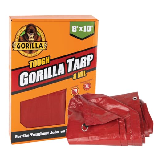 Gorilla Tough Tarp 8 ft x 10 ft Heavy-Duty Waterproof Polyethylene, 8 mil Thick, UV Treated with Reinforced Edges & Aluminum Grommets - Durable Outdoor Tarp for Camping, Gardening, Construction