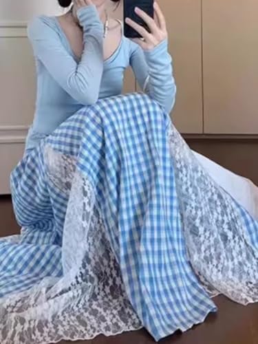 Women Plaid Skirt Blue and White Elastic Waist Elegant Long Dress Lace Maxi Flared Skirt4