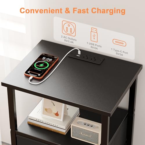 Image of Nightstand with Charging Station, Bedside End Table with 2 Fabric Drawers for Bedroom, Side Table with USB Ports and Outlets (Black)
