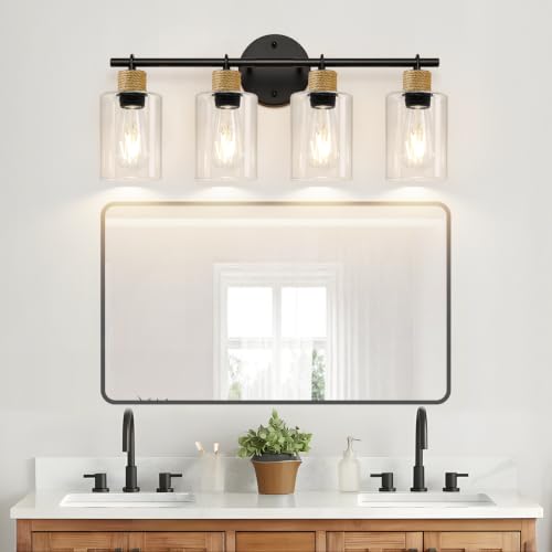 Image of MOKATNG Bathroom Light Fixtures, 4-Light Farmhouse Vanity Lights with Hemp Rope, Black Bathroom Wall Lamp for Mirror Kitchen Hallway Cabinet