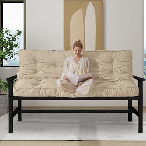 YOSHOOT 6 Inches Futon Mattress Queen Size, Thick Futons Sofa Couch Bed, Floor Mattress for Adults, Shredded Foam Filling, Medium Firm(Frame Not Included), Beige Cover