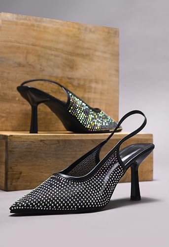 Image of TRYME Women Pointed Toe Stone Embellishment Slingback Heel pencil Sandals