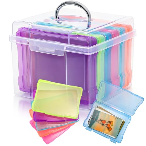 Yesland 5x7 Inch Photo Storage Box with Handle 6 Inner Photo Cases Keeper Plastic Organizer Craft Storage Container for Greeting Cards Pictures Stamps Scrapbooking Office Supplies 6 Colors