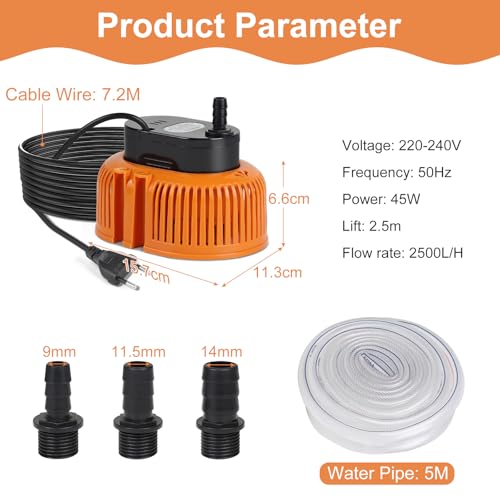 efuturetime EFUTURETIME Tauchpumpe Klein 75W Schmutzwasser Pumpe 2500 L/H kein Integriert Schwimmerschalter, Schmutzwasserpumpe mit 7,2M Kabel, 3 verschiedene Adapter, 5M Schlauch, 2 Schellen (Orange) - Detailansicht 2 | Poolpumpen