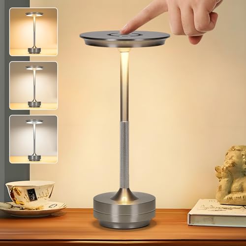 VIMAZ Cordless Table Lamps for Indoor Outdoor,4000mAH Rechargeable Touch Lamp,3 Color Stepless Dimming LED Table Lamp Waterproof,Protable Desk Lamp for Home Bedroom Restaurant Patio,Silver