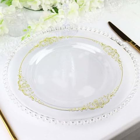 Efavormart 10 Pack | Clear/Gold Baroque 10" Round Plastic Dinner Plates, Disposable Tableware with Leaf Embossed Gold Rim Cover