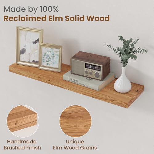 Image of Floating Shelves for Wall Decor, 8 inch Deep Rustic Solid Elm Wood Floating Shelves Wall Mounted, Wall Shelves with Invisible Bracket for Living Room Bathroom Bedroom Kitchen, 30 Inch Set of 2, Natural