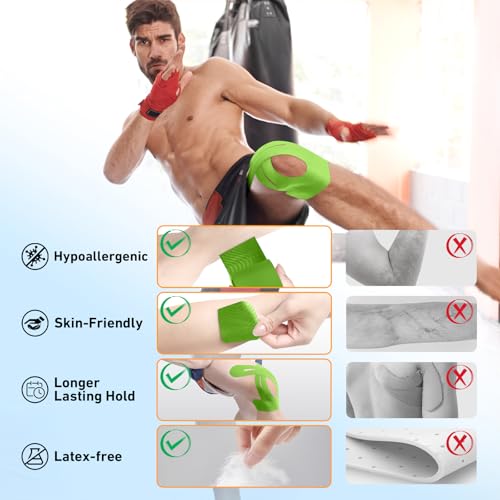 Image of PreCut Kinesiology Tape for Knees, KTQUICK 12 PCS 20% Extra Adhesive Knee Tape for Knee Pain Relief Pre Cut, Anatomical for Maximum Hold, Waterproof&Hypoallergenic Cotton Latex-Free for Sports (Green)