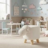 Wooden Animal Stool - 30cm Sheep Design, Plush Faux Fur Seat with Removable Washable Cover, Child-Safe Durable Wooden Frame, Decorative Chair for Kids, Lightweight and Easy to Move