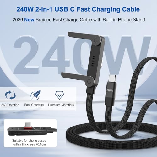3-Pack 5' Mitesbony 240W USB-C to USB-C Cable w/ Built-in Phone Stand (Black) - image 2