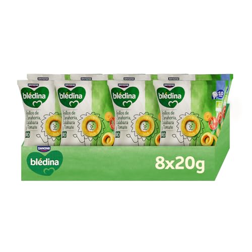 Blédina Snacks BIO, Bolsas de Snacks Saludable para niños sabor Zanahoria, Calabaza y Tomate. Anillos Sin Gluten,Sin Conservantes Ni Colorantes y Sin Sal Ni Azúcares Añadidos.Desde los 10 Meses, 8x20g