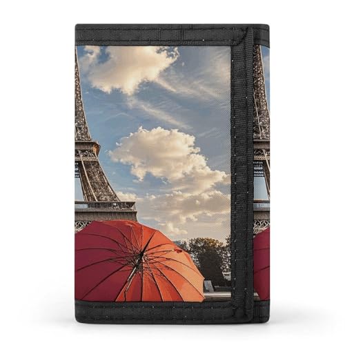 Eiffel Tower with Red Umbrella Trifold Wallet Front Pocket Coin Purse - Slim Credit Card Holder for Men & Women