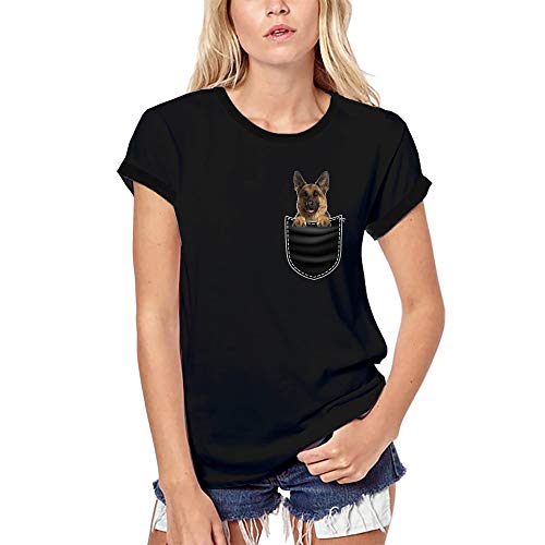 Camiseta Orgánica para Mujer Pastor Alemán En El Bolsillo – German Shepherd In Your Pocket – T-Shirt Vintage Manga Corta Regalo Original Cumpleaños Diseño Gráfico Moda Negro Profundo S
