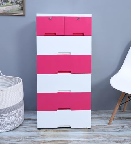 Image of The Tickle Toe 7-Drawer Plastic Chest for Kids | Multipurpose Organizer & Wardrobe for Clothes & Toys with Locks | Portable Storage Cabinet, 51L x 33W x 121H cm (Pink & White)