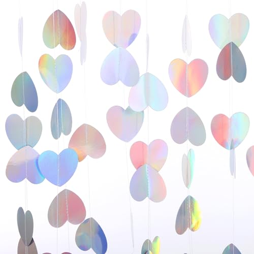 52 Ft Iridescent Heart Garland Decorations Shiny Disco Themed Party Banners for Baby Bridal Shower Engagement Bachelorette Decor