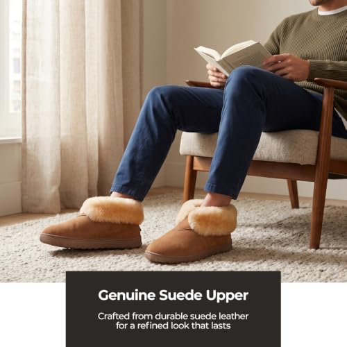 Image of Rj's Fuzzies Men's Sheepskin Booties with Sheepskin Lining | 100% sheepskin lining, suede leather, roll-up cuff, flexible sole, breathable warmth, lightweight indoor comfort