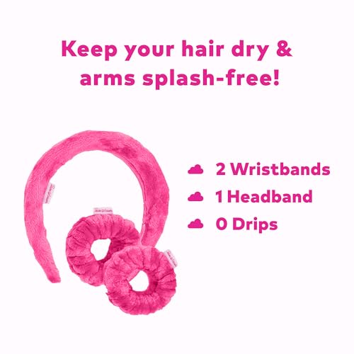 Image of Drip Eraser by The Original Makeup Eraser, Absorbent Headband and Wristbands Collect Water During Face Washing, 3 Piece Spa Set, One Size Fits Most, Original Pink