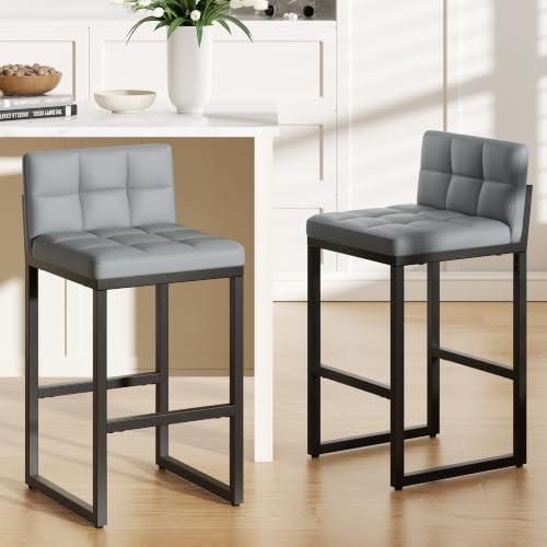 Image of Bar Stools Set of 2, Modern Counter Height Barstools, Light Grey | 24 inch Faux Leather Bar Chairs with Back, Footrest, Sturdy Thickened Metal Leg, Upholstered Counter Stools for Kitchen Island