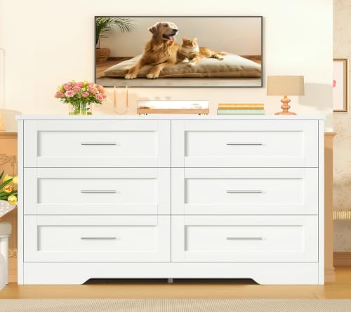 Image of TEENFON 42.1 inchW White Dresser for Bedroom, Modern 6 Drawer Dresser with Metal Handles, Wood Dressers & Chest of Drawers, Wooden Closet Clothes Storage Organizer for Bedroom, Living Room, White