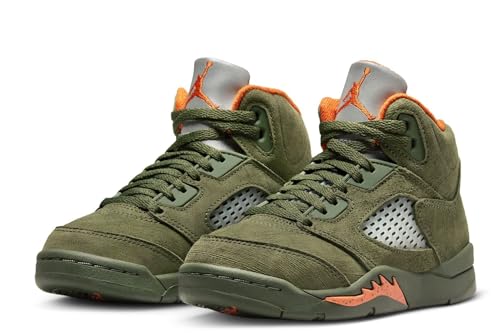 NIKE Preschool Air Jordan 5 Retro 'Olive' Army Olive/Solar Orange (440889 308) PS Little Kids Shoe, White/Gym Red-black3