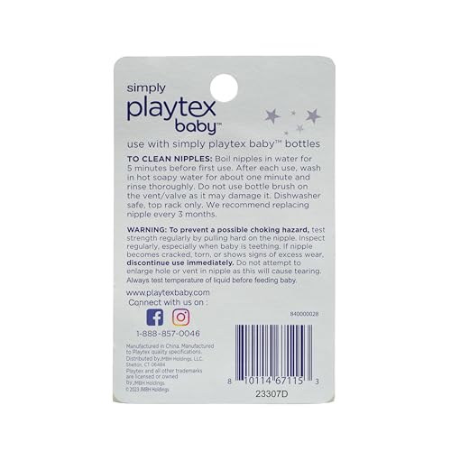 Playtex Baby Simply Playtex Nipples for Babies 3+ Months, Medium Flow (2 Count), Feeding Essentials for Newborn and Breastfeeding Babies