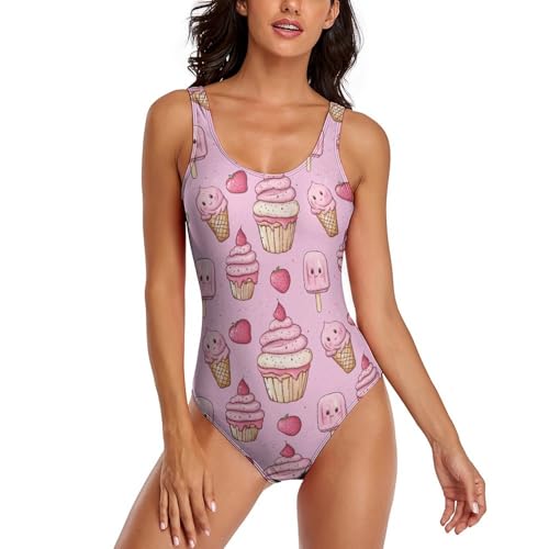 Traje de baño con Estampado de Cupcakes de Fresa y Helado para Mujer, con Espalda Descubierta, Ideal para la Playa en Verano.