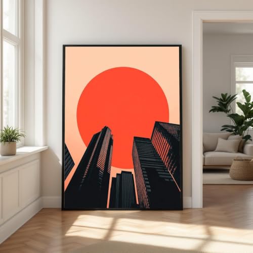 Art mural urbain soleil rouge : toile skyline abstraite de 50x70cm avec cadre intérieur pour salon