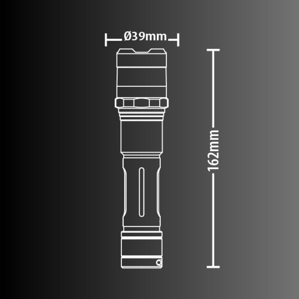 Technical drawing showing the dimensions of the Xanlite flashlight: 39mm diameter and 162mm length.